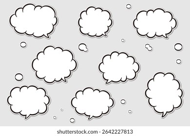 A set of monochrome fuzzy cloud sticker-style blowouts.Cartoon, design, and template materials for expressing thoughts and emotions.