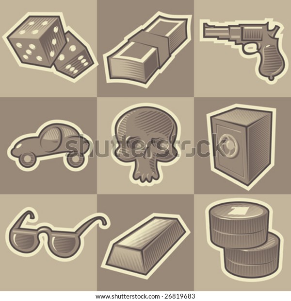 Set of monochrome gangsta retro\
icons. Hatched in style of engraving. Vector\
illustration.