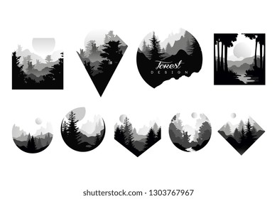 Set of monochrome geometric logos with wild coniferous forests. Natural landscapes with silhouettes of pine or fir trees. Eco or tourist concept. Flat vector design