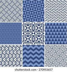 Set of monochrome geometric ornaments - white and blue.
