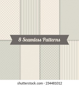 Set of Monochrome Geometric Patterns with Stripes, Triangles and Circles in Grey and Beige. Perfect for wallpapers, textile, web page backgrounds, wrapping paper, 