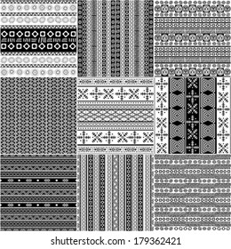 Set of monochrome geometric seamless patterns with tribal motif.
