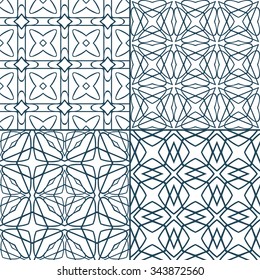 Set of monochrome geometric seamless patterns with rhombus and interweaving lines