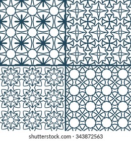 Set of monochrome geometric seamless patterns with circles, stars and cross