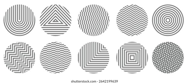 Set of monochrome geometric textures in circles shapes. Black and white. Simple vector elements for web,logo design 
