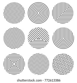 Set of monochrome geometric textures in circles shapes. Black and white. Simple vector elements for web,logo design 