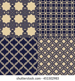 Set monochrome geometrical patterns. Gold and  blue grille texture in Arabic, Oriental style. A seamless vector background.