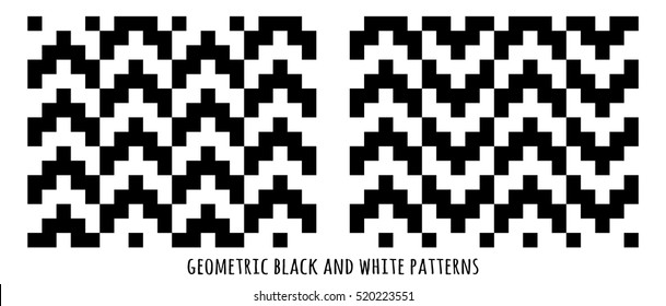 Satz monochromer geometrischer nahtloser Muster. Schwarz-weiße Vektorgrafik.