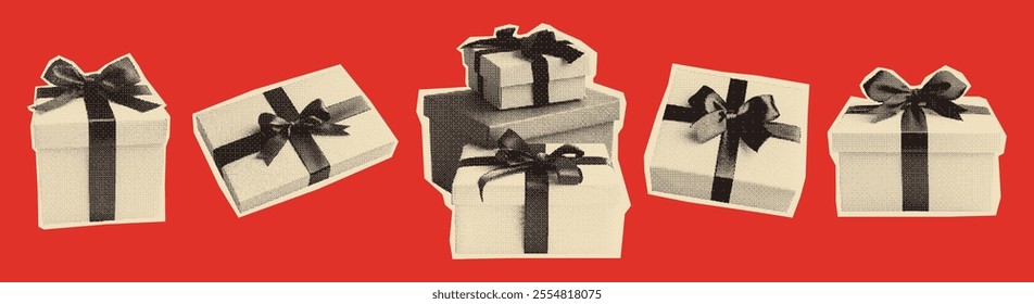 Set of monochrome gift boxes with ribbons and bows. Vintage halftone texture. Retro bitmap photocopy effect. Ideal for Christmas banners, holiday designs, greeting cards, social media.