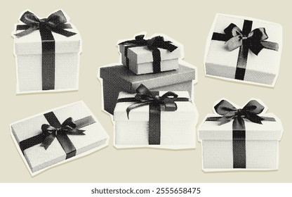 Set of monochrome gift boxes with ribbons and bows. Vintage zine halftone texture. Retro bitmap photocopy effect. Ideal for festive banners, holiday designs, greeting cards, social media.