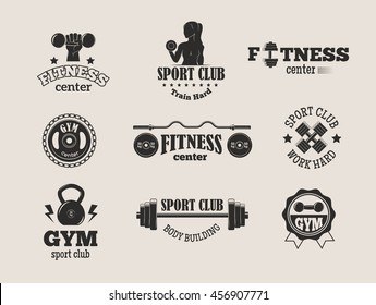 Set of monochrome gym fitness emblems, labels, badges, logos and designed elements