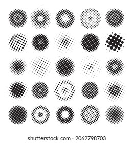Set of monochrome halftone circles. Round dotted backgrounds.