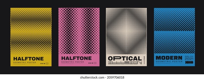 Set of Monochrome Halftone Posters. Collection Of Modern Minimalist Posters. Swiss Design Covers. Abstract Dots Backgrounds.