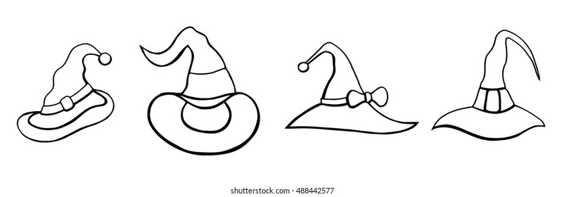 Set Monochrome of Halloween Hats. Vector halloween hats in cartoon style. Isolated on white illustration/