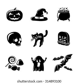 Set of monochrome HALLOWEEN icons -pumpkin, witch hat, cauldron, skull, cat, grave, candy, ghost, bats. Vector