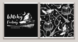Set Of Monochrome Halloween Pattern, Label With Witch Hat With Cobwebby Veil, Old Fashioned Broom, Crescent Moon, Stars, Text, Cauldron With Potion On Fire. Symbols Of Witchcraft. Vintage Style.