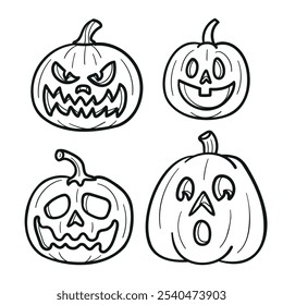 Conjunto de Ilustraciones vectoriales de calabaza de Halloween monocromo 