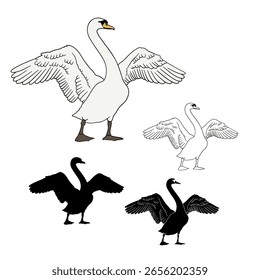Set of monochrome hand drawn elegant swan silhouette clip art. Black and white line art water bird vector illustration