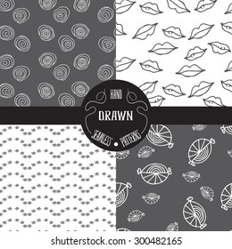 Set of monochrome hand drawn style abstract seamless patterns. Vector illustration.