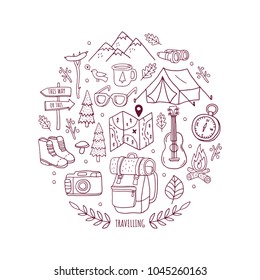 Set of monochrome hand drawn travel doodle. Vector illustration