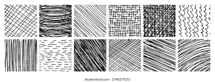 Set of monochrome hand-drawn crosshatch textures. Grunge and sketch backgrounds with freehand lines, scribbles, smears, and sketch-style patterns. Vector illustration