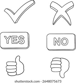 Conjunto de ícones monocromáticos desenhados à mão ilustrando conceitos de aprovação e reprovação. Ele inclui uma marca de seleção para "sim", uma marca de "X" para "não", "SIM" e "NÃO" botões, e polegares clássicos para cima e polegares.