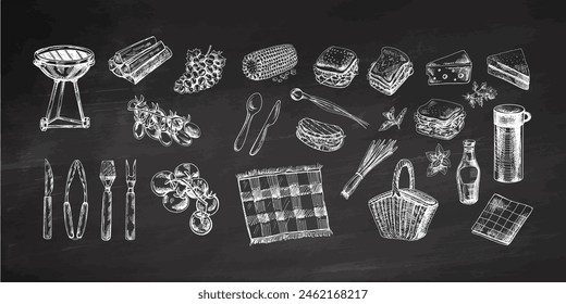 A set of monochrome hand-drawn sketches of barbecue and picnic elements on chalkboard background. For design of menu of restaurants and cafes, grilled food. Vintage illustration. Engraved image.