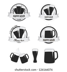 Set of monochrome happy hour labels, badges and beer icons