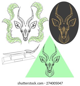 Set of monochrome, head of an antelope in 3 variants and hunting knife made of horn. Vector illustration