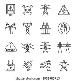 Set Of Monochrome High Voltage Transmission Line Simple Icon Vector Illustration. Collection Of Electric And Power Engineer Industry Pictogram Isolated. Electricity, Grid, Tower, Lightning Discharge