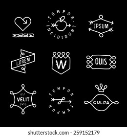 set monochrome hipster line vintage label, logo, badge for your business or t-shirt print with arrow, crown, heart, apple, ribbon, shield