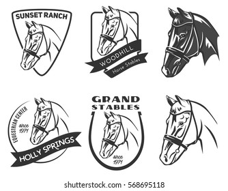 Set of monochrome horse head logo, badges and emblems isolated on white background.
Horse stables and equestrian logo design.