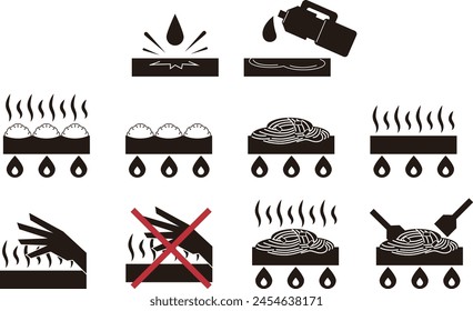 A set of monochrome icon illustrations of iron plates used for cooking