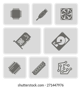 set of monochrome icons with computer hardware and components for your design