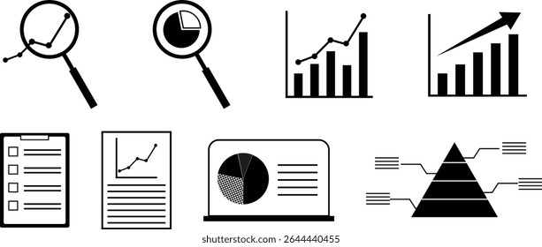 Conjunto de ícones monocromáticos de análise de dados e gráficos estatísticos para documentos de negócios