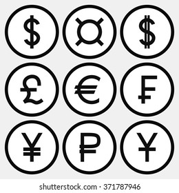 Set of monochrome icons with different currency symbols