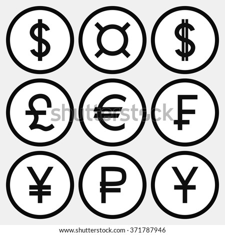 Set of monochrome icons with different currency symbols