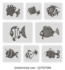 set of monochrome icons with different fish for your design
