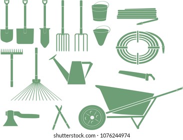 a set of monochrome icons of equipment used for work in the garden or garden in spring, summer and autumn
