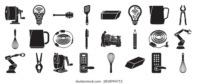 Set of monochrome icons featuring electronic gadgets sensors and tools ideal for digital technology and electronic device visual content