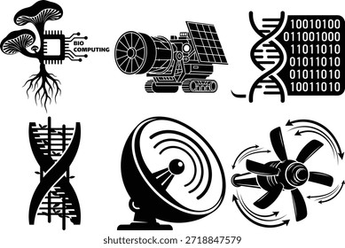 A set of monochrome icons highlighting the intersection of biology, computing, space exploration, and telecommunications technology.