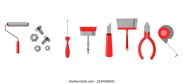 Set of monochrome icons with the image of repair tools with red accents