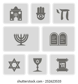 set of monochrome icons with jewish symbols for your design(hebrew,torah,hamesh,star of David,synagogue,menorah, goblet)