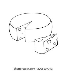 A set of monochrome icons, a large cheese head with a cut piece, a triangular piece of cheese, a vector in cartoon style on a white background