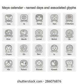 Set of monochrome icons with  Maya calendar named days and associated glyphs for your design