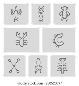  set of monochrome icons with Rongorongo glyphs for your design(sea turtle,squid,crayfish,flying fish,cross,palm tree,caterpillar,centipede)
