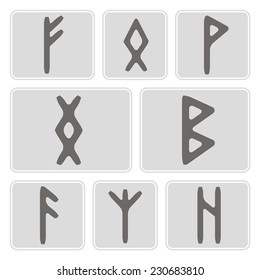 set of monochrome icons with runes for your design (home, giant, birth, dog, protection, hail disruption, culture)