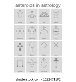 Set of monochrome icons with symbols of asteroids in astrology for your design