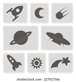 set of monochrome icons with symbols of interplanetary missions for your design