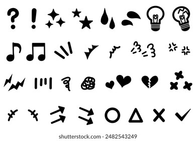 A set of monochrome icons of various manga symbols.